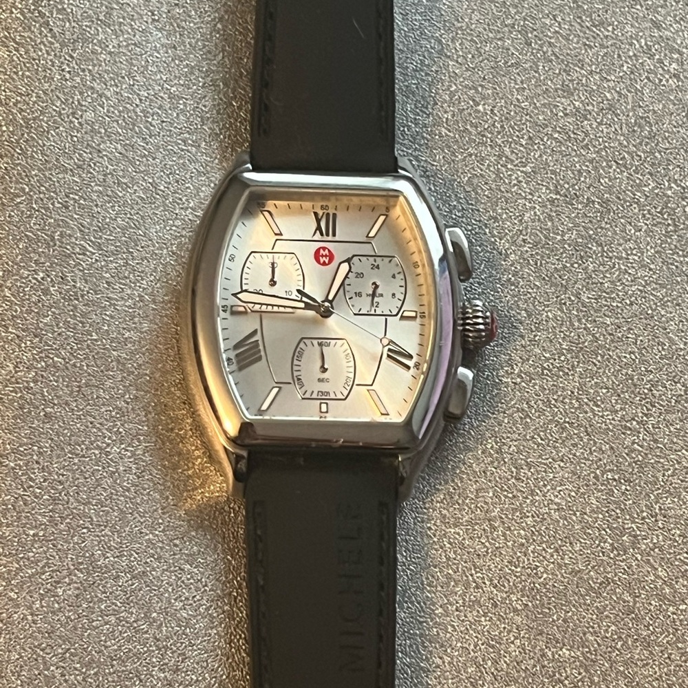 Michele Releve stainless watch with black silicone band. Preowned, box included